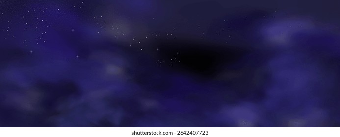  Luxury navy blue night sky background with golden stars, magical glitter, and bokeh sparkle. Abstract dark frame for holiday or wedding cards. Vector banner design with golden celestial dust.