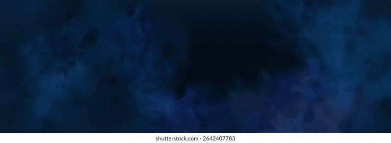 Luxury navy blue night sky background with golden stars, magical glitter, and bokeh sparkle. Abstract dark watercolor frame for holiday or wedding cards. 