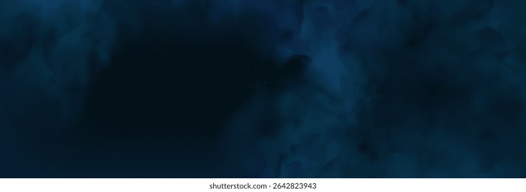 Luxury navy blue night sky background with golden stars, magical glitter, and bokeh sparkle. Abstract dark watercolor frame for holiday or wedding cards. 