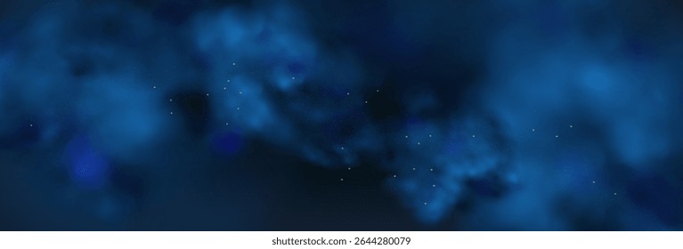 Luxury navy blue night sky background with golden stars, magical glitter, and bokeh sparkle. Abstract dark watercolor frame for holiday or wedding cards. Vector banner design.