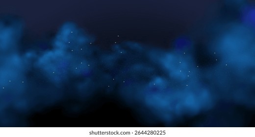 Luxury navy blue night sky background with golden stars, magical glitter, and bokeh sparkle. Abstract dark frame for holiday or wedding cards. Vector banner design with golden celestial dust.