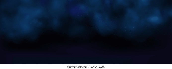  Luxury navy blue night sky background with golden stars, magical glitter, and bokeh sparkle. Abstract dark frame for holiday or wedding cards. Vector banner design with golden celestial dust.