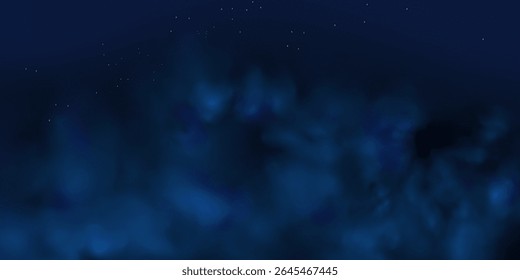 Luxury navy blue night sky background with golden stars, magical glitter, and bokeh sparkle. Abstract dark frame for holiday or wedding cards. Vector banner design with golden celestial dust.