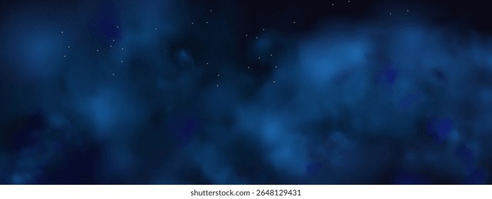  Luxo azul marinho noite céu fundo com estrelas douradas, brilho mágico, e brilho bokeh. Quadro escuro abstrato para cartões de férias ou casamento. Design de banner de vetor com poeira celeste dourada.