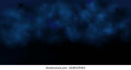 Luxo azul marinho noite céu fundo com estrelas douradas, brilho mágico, e brilho bokeh. Quadro escuro abstrato para cartões de férias ou casamento. Design de banner de vetor com poeira celeste dourada.