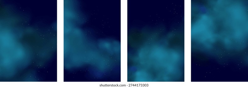  Luxury navy blue night sky background with golden stars, magical glitter, and bokeh sparkle. Abstract dark frame for holiday or wedding cards. Vector banner design with golden celestial dust.