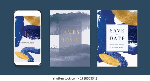 Luxury Navy blue Social Media, mobile  Wedding invite frame templates. Vector background. Invitation mobile Floral with golden collage layout design.