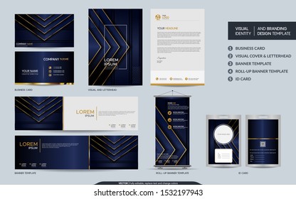 Luxury navy blue stationery mock up set and visual brand identity with abstract overlap layers background . Vector illustration mock up for branding, cover, card, product, event, banner, website. 