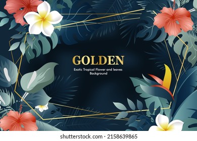 Luxury navy blue summer tropical background with golden diagonal frame