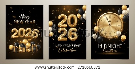 Luxury New Year 2026 Poster Set – Gold Balloons, Roman Clock Countdown, Black and Gold Celebration Background