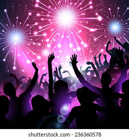 Luxury New year background with fireworks and silhouettes of people - Vector