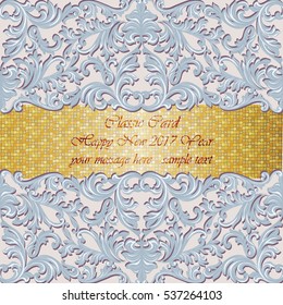 Luxury New Year gold mosaic card. Classic Baroque ornamented Invitation. Vintage decor Vector illustration. Serenity color