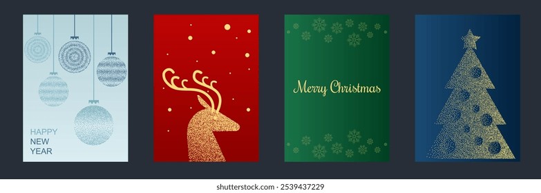 Luxury New Year invitation card set. Christmas bauble,  glittering christmas tree, snowflakes and gold winter reindeer in spot (stippling) texture isolated on blue, green, red backgrounds. Vector