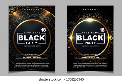 Luxury night dance party music layout cover design template background with elegant black and gold style. Light electro style vector for music event concert disco, club invitation, festival poster