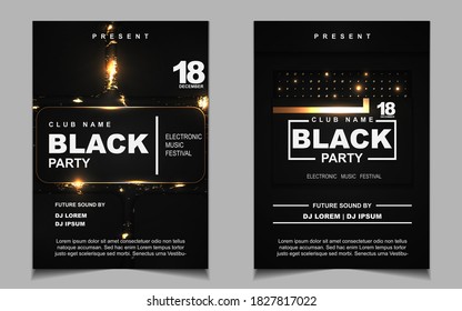 Luxury night dance party music layout cover design template background with elegant black and gold style. Light electro style vector for music event concert disco, club invitation, festival poster