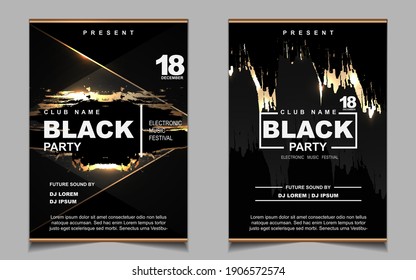 Diseño de la cubierta de diseño de la velada de lujo de la noche de la fiesta de baile con un elegante estilo negro y dorado. Vector de estilo electro claro para la discoteca de conciertos de eventos musicales, invitación al club, afiche del festival