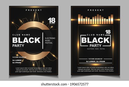 Luxury night dance party music layout cover design template background with elegant black and gold style. Light electro style vector for music event concert disco, club invitation, festival poster