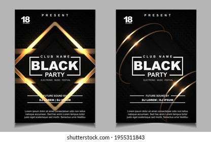 Luxury night dance party music layout cover design template background with elegant black and gold style. Light electro style vector for music event concert disco, club invitation, festival poster