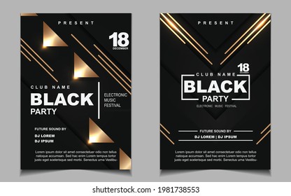 Luxury night dance party music layout cover design template background with elegant black and gold style. Light electro style vector for music event concert disco, club invitation, festival poster