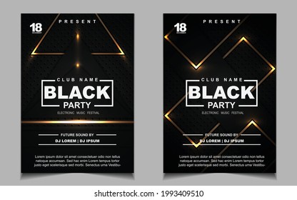 Disposition de musique de soirée de luxe sur fond modèle de design avec style élégant noir et doré. Image vectorielle de style électro clair pour l'événement musical disco, invitation au club, affiche du festival