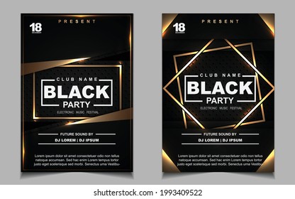 Luxury night dance party music layout cover design template background with elegant black and gold style. Light electro style vector for music event concert disco, club invitation, festival poster