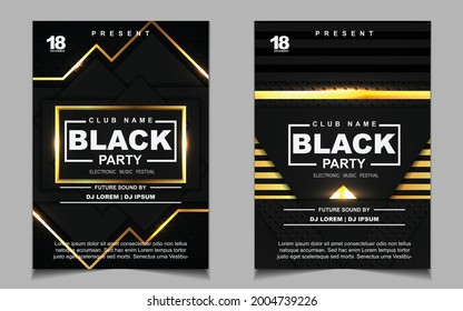 Luxury night dance party music layout cover design template background with elegant black and gold style. Light electro style vector for music event concert disco, club invitation, festival poster