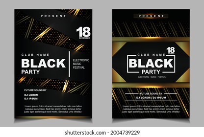 Luxury night dance party music layout cover design template background with elegant black and gold style. Light electro style vector for music event concert disco, club invitation, festival poster