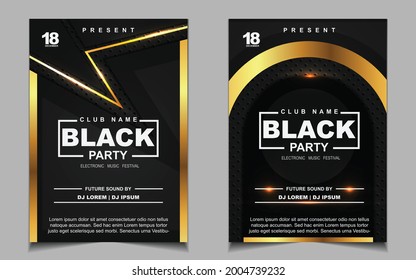 Luxury night dance party music layout cover design template background with elegant black and gold style. Light electro style vector for music event concert disco, club invitation, festival poster