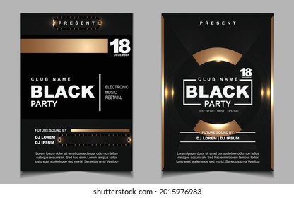 Luxury night dance party music layout cover design template background with elegant black and gold style. Light electro style vector for music event concert disco, club invitation, festival poster