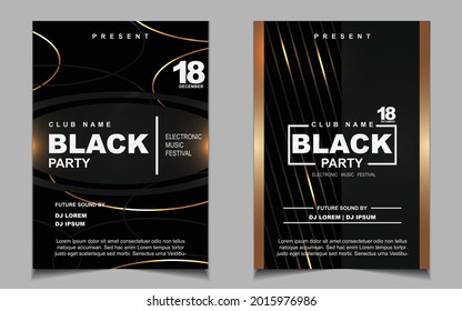 Luxury night dance party music layout cover design template background with elegant black and gold style. Light electro style vector for music event concert disco, club invitation, festival poster