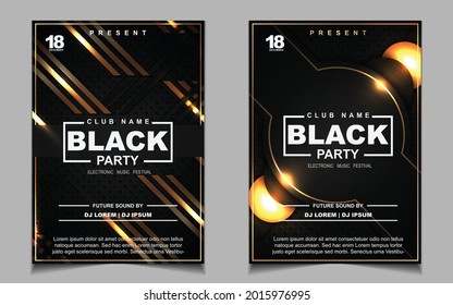 Luxury night dance party music layout cover design template background with elegant black and gold style. Light electro style vector for music event concert disco, club invitation, festival poster