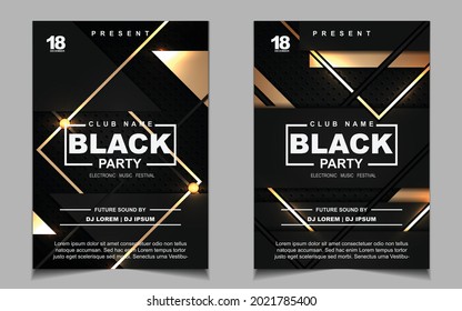 Luxury night dance party music layout cover design template background with elegant black and gold style. Light electro style vector for music event concert disco, club invitation, festival poster