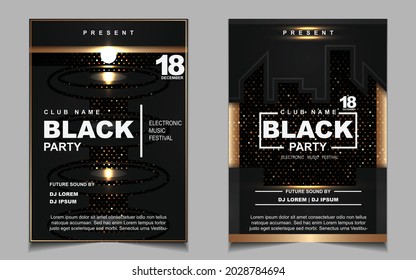 Luxury night dance party music layout cover design template background with elegant black and gold style. Light electro style vector for music event concert disco, club invitation, festival poster