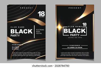 Luxury night dance party music layout cover design template background with elegant black and gold style. Light electro style vector for music event concert disco, club invitation, festival poster
