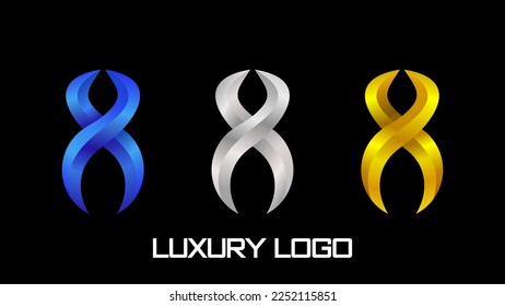 Luxury Number Eight Logo Icon Symbol in three colors gold, gray, blue vector design