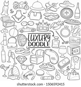 Luxury Objects Rich Life Style. Set  Traditional Doodle Drawn. Sketch Hand Made Design Vector.
