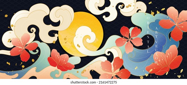 Luxury ocean oriental background vector. Chinese and Japanese oriental line art with circle sun, sea waves, floral, flowers. Elegant ocean landscape illustration design for wall art, wallpaper.