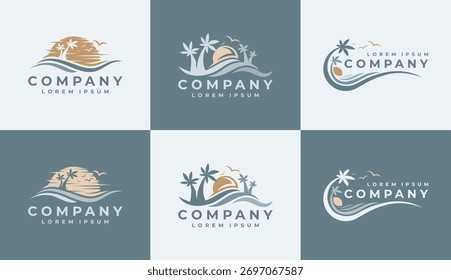 Conjunto de diseño de logotipo de onda de palma de la puesta del sol del océano de lujo