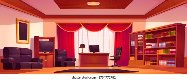 Luxury office interior with wooden furniture, computer on table, sofa and bookcase. Vector cartoon illustration of empty chief cabinet in classic style with red curtains and paintings in golden frames