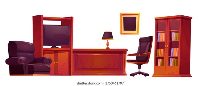 Luxury office in old antique style. Wooden solid furniture table, leather armchair and chair, lamp, tv, bookcase with books, picture on wall isolated on white background, Cartoon vector illustration