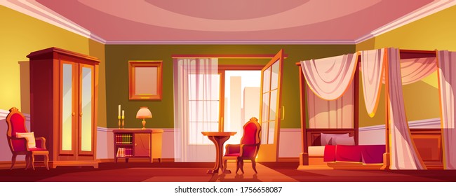 Luxury old bedroom interior at morning or day time. Empty light room with wooden furniture and gold decoration, bed with canopy, armchair, open balcony door, cartoon vector city view with skyscrapers