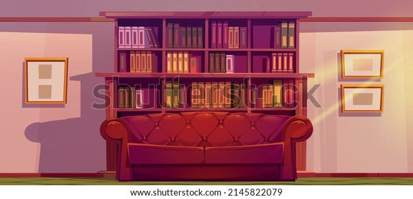 Luxury old living room or library interior\
with wooden bookcase, leather coach and pictures hang on wall.\
Place for reading with sofa and bright sunshine, athenaeum place\
Cartoon vector\
illustration