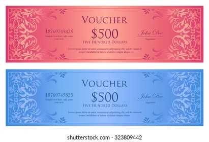 Luxury old pink and heaven blue gift certificate with floral ornament