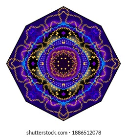 Luxuriöser alter Kriegsschild aus alter Legende. Geometrisches Mandala. Ethnische Motive. Fantasy-orientalische Ornament mit goldener Kette. Indisches traditionelles Muster. Druck für Logo, Stoff, Stickerei, Dekoration.