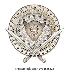 Luxuriöses altes Kriegsschild mit Schwertern. Fantasy-Zeichnung zur Spielgrafik. Dekoration mit fantastischem Tierkopf aus der alten Legende. Druck für Logo, Stoff, Stickerei, Dekoration.