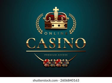 Luxury online casino logo with a golden crown, laurel wreath, and poker chips on a dark teal background. Ideal for gambling websites, casino branding, and premium poker events