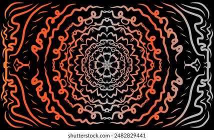 Luxury orange and grey gradient floral abstract kaleidoscope pattern vector batik illustration art design on black background. Seamless batik floral abstract kaleidoscope texture. 
