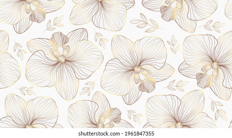 Luxury orchid seamless pattern background vector. Golden orchid line arts design for wedding, backdrop, wallpaper, banner, card, cover, texture. Vector illustration