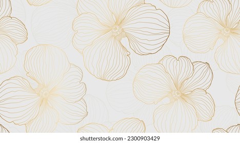 Luxury orchid seamless pattern on white background. Golden orchid flower line art design. Hand drawn. Suit for cover, wallpaper, wall art, fabric, prints, wedding, wrapping, invitation