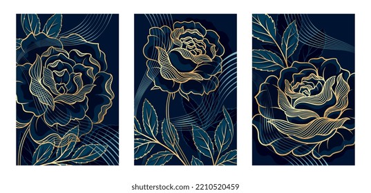 Luxury Organic Posters Set. Elegant banners with golden roses, green leaves and blooming plants. Design elements for wall decoration. Cartoon flat vector collection isolated on white background